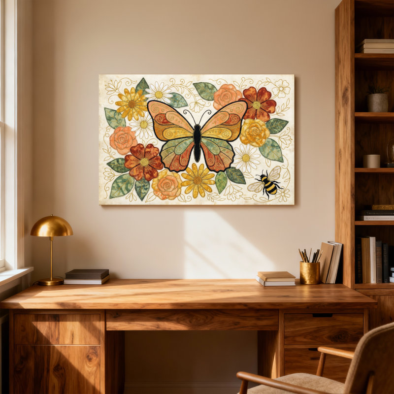 Animals Butterfly Flowers Leaves Bee Pattern Artistic Design