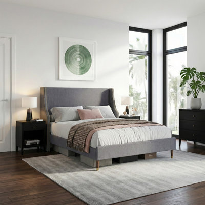 Melaya Elegant Wingback Upholstered Platform Bed Frame – Luxurious Design with Gold Piping, Sturdy Support, and Easy Assembly