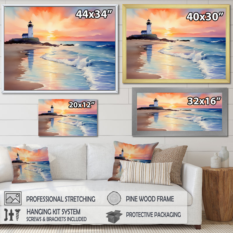 Orange coucher de soleil sur la plage, phare de la sérénité II - art mural plage, Cadre flottant doré