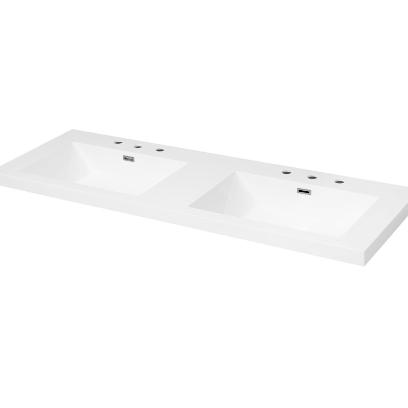 Meuble-lavabo de salle de bain en résine blanc éclatant avec lavabos doubles encastrables 60 po, trous de robinet 8 po, comptoir peu encombrant pour une épaisseur de rebord de 2 po