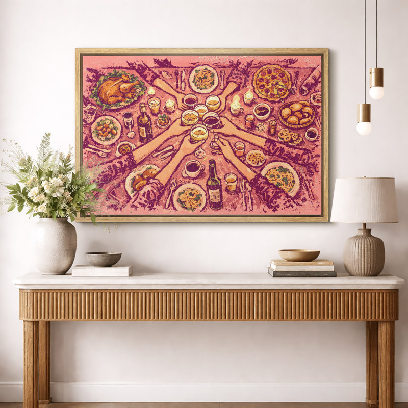 «Dinner Gathering», impression sur toile, impression sur toile encadrée, Cadre naturel, H 24 po x l 36 po x P 1,5 po
