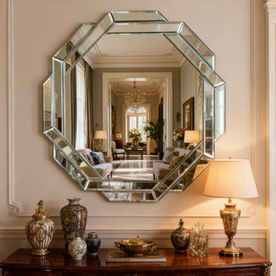 29.92 Inch Octagonal Beveled Edge Frameless Wall Mirror For Elegant Home Decor And Brightening Spaces