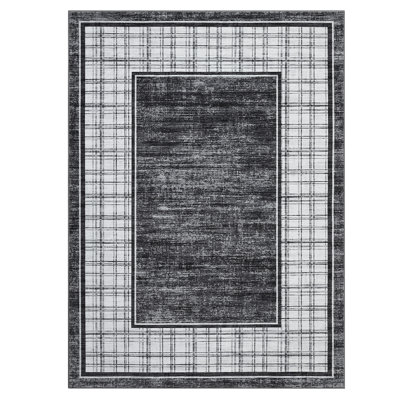 Modern Plaid Machine Washable Rug with Non-Slip Backing, Foldable Low Pile Floor Cover, Contemporary Bordered Indoor Mat for Bedroom, Living Room