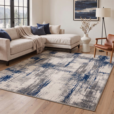 Machine Washable Abstract Ivory/Navy Area Rug With Non-Slip Backing