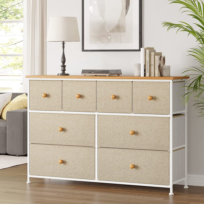 Commode 8 tiroirs avec rangement en tissu pour chambre Ojaswi, Beige / Blanc