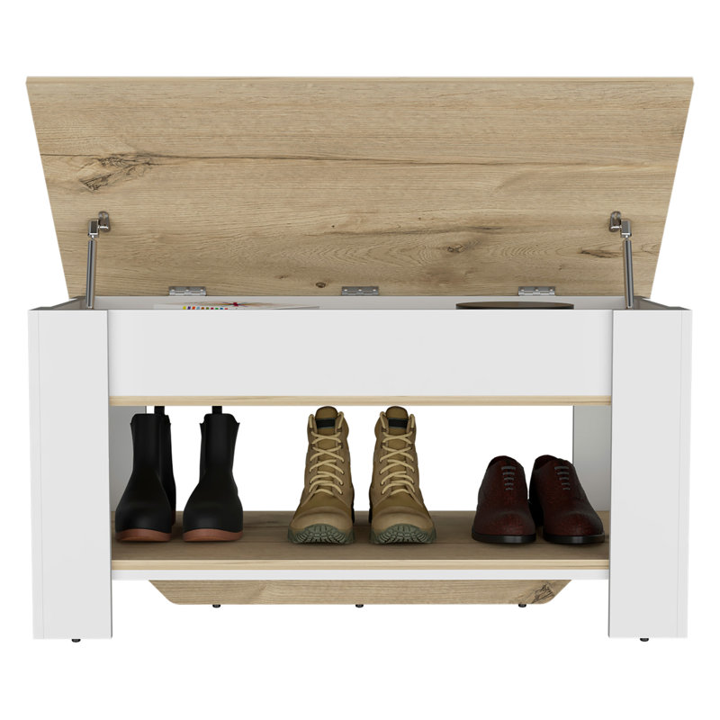 Austin Storage Table, One Extendable Table Shelf, Four Legs, Lower Shelf -Light Oak , White