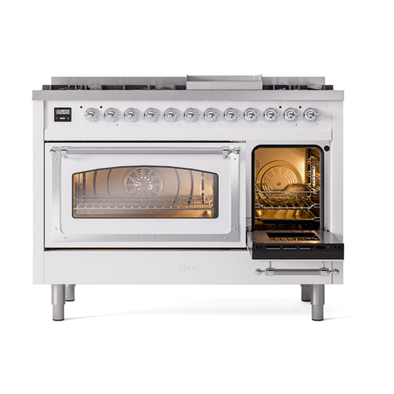 ILVE UN48FNMPEGG Nostalgie II Noblesse 48 inch Dual Fuel Range (8 Sealed Burners + Griddle, Triple Glass Door), White, Chrome