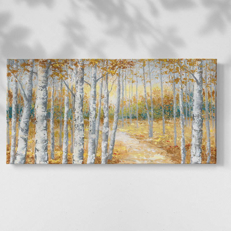 Birch Path I - Toile tendue avec châssis encadré - Prêt à être accroché, H 21 po x l 41 po, Doré