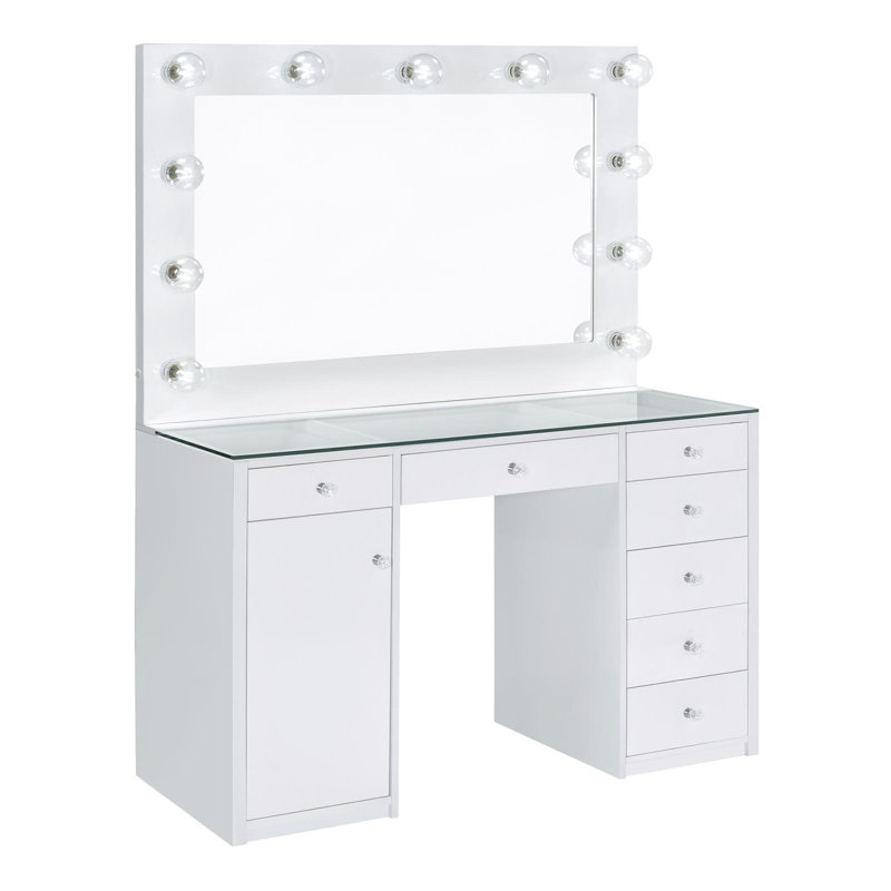 Amargosa 7-Drawer Makeup Vanity Table with LED Hollywood Mirror Lighting, White