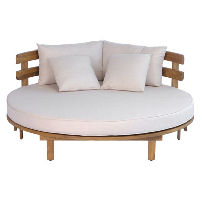 Round Acacia Wood Outdoor Daybed With Beige Cushions Backrests