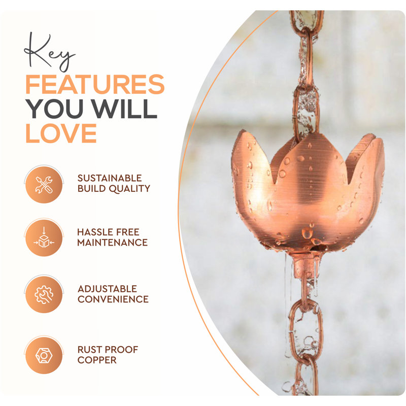 Marrgon Copper Rain Chain with Tulip Style Cups for Gutter Downspout Replacement, Copper, 102" H x 3" W x 2.25" D