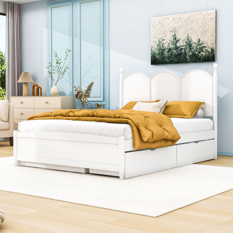 Grand lit plateforme en bois à deux tiroirs avec lit gigogne simple, Blanc
