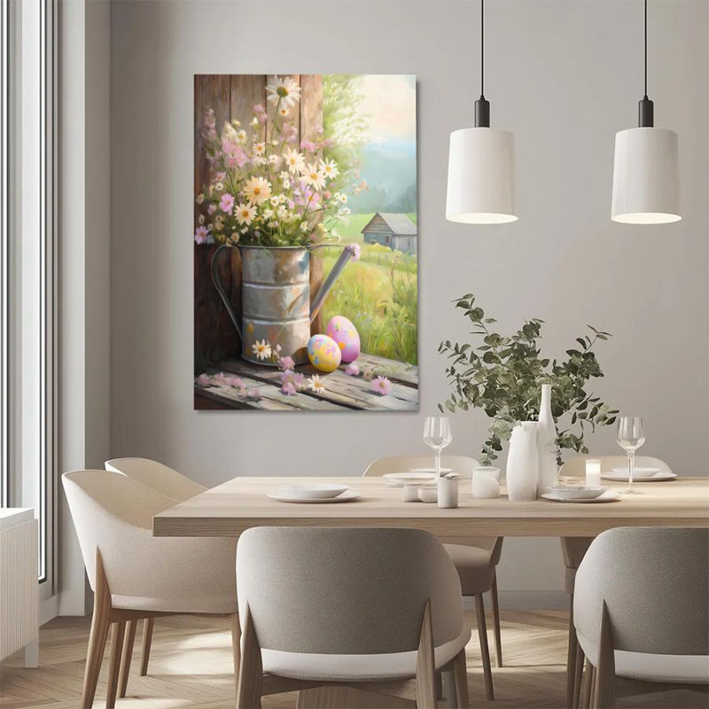 1Pc Pâques impression sur toile encadrée bouquet de Pâques, œufs colorés et fleurs sauvages, décoration murale de style réaliste rustique, prêt à accrocher - décor chrétien moderne, parfait pour la décoration de salon, chambre à coucher, bureau, salle de bain