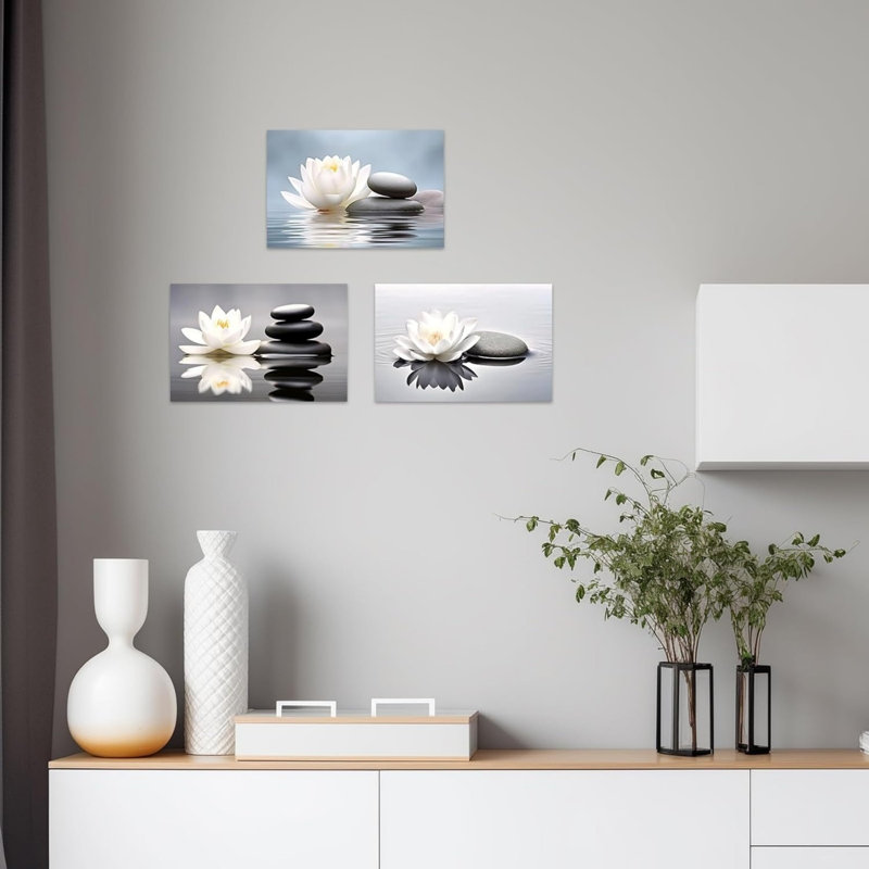 Œuvre blanche sur toile pavée lotus blanc 16 x 12 en 3 pièces