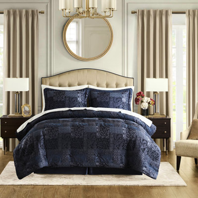 2022 Enhanced Navy 4 Pcs King Comforter - , Solid Reverse, Antique Satin Look Upgraded Firmness, Hidden Zippers,