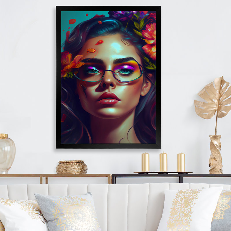 Jolie femme aux cheveux bleus IV - Impression sur toile, H 32 po x l 16 po x P 1 po, Cadre photo noir