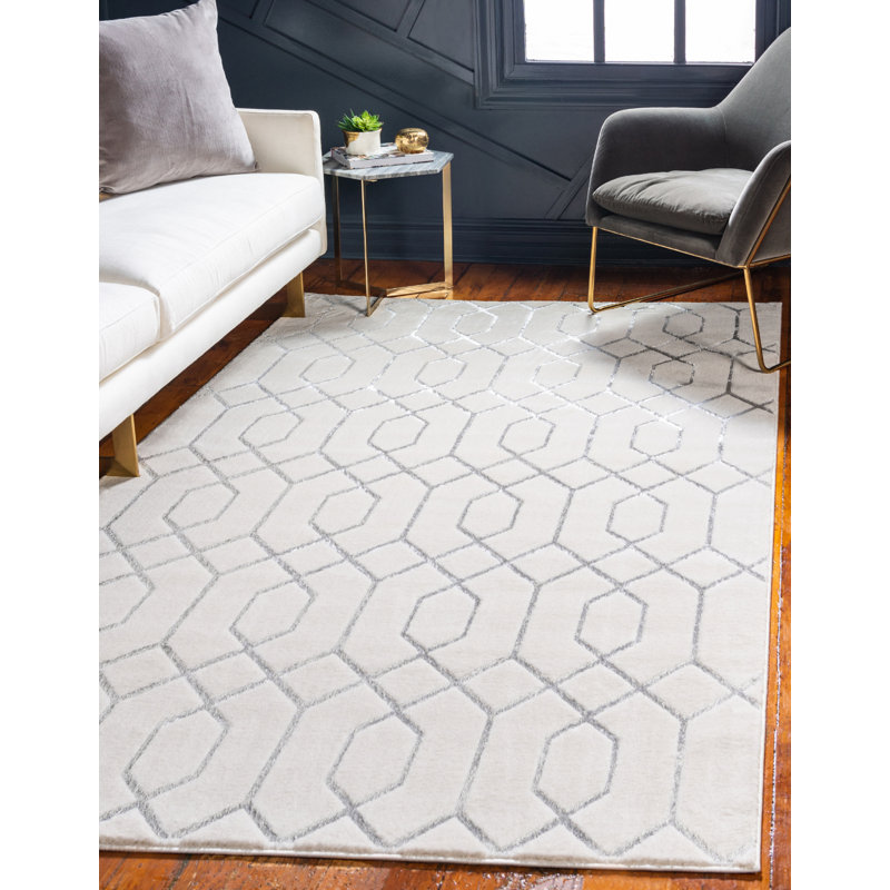 Glam Geometric White Silver Area Rug, Rectangle 5'3" x 8'