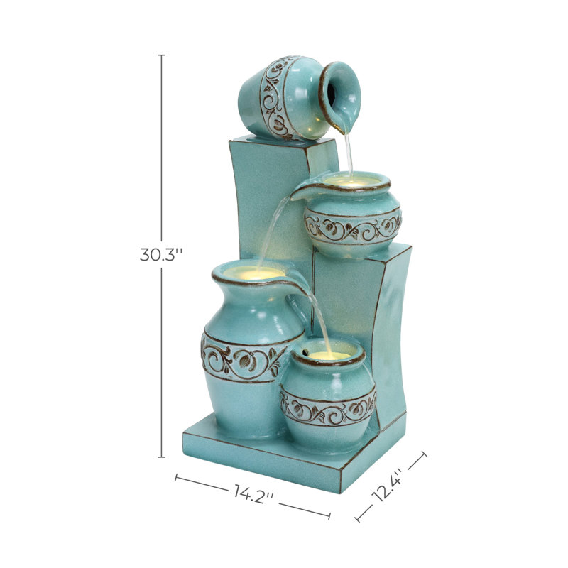 30.3'' H Modern Polyresin Outdoor Water Fountain with LED Lights, Decorative Jar Waterfall Fountain with Adjustable Flow
