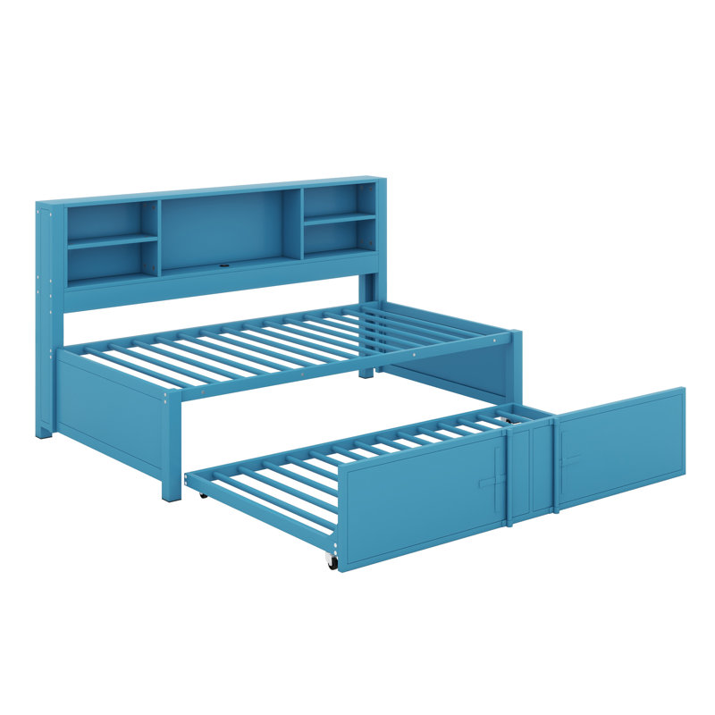 Lit de jour en métal avec couchette, tablettes de rangement et ports USB, Bleu