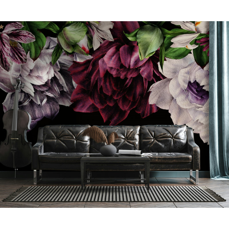 Papier peint pivoine foncé noir / bourgogne / mauve, L 75 po x l 112 po