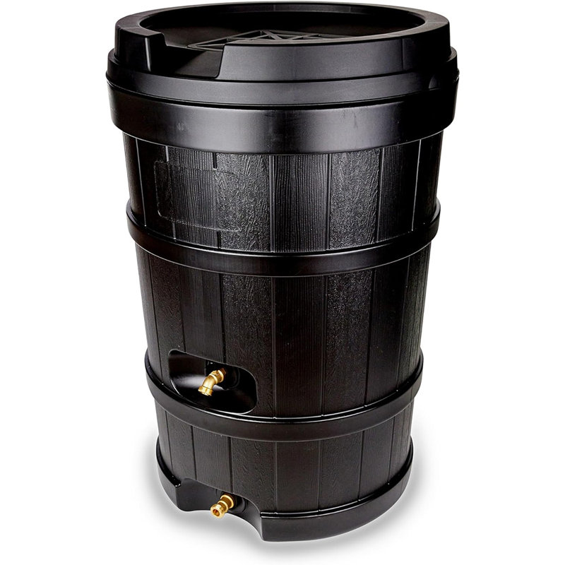 Mighty Tuff 48-Gallon Rain Barrel - Black, Dual Spiggot, Built-in Debris Filter and Overflow Channel
