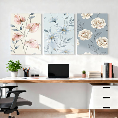 Floral Pattern Canvas Wrapped Wall Art Oil Painting Print Set Of 3 For Living Room Bedroom Home Decor