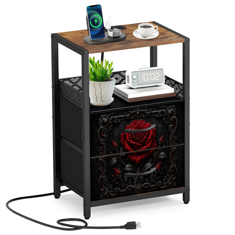 Table de chevet 2 tiroirs en tissu avec station de charge Gothic Red Rose