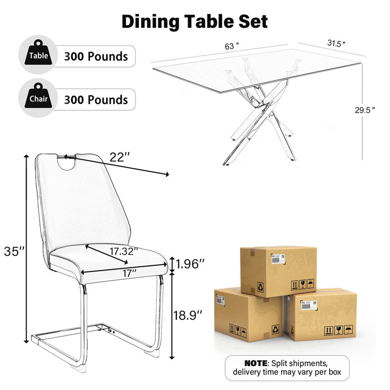 Table de salle à manger rectangulaire en verre trempé, table de salle à manger avec chaise à dossier haut en similicuir, Gris