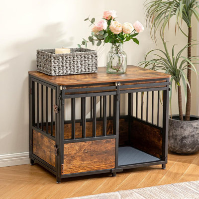 32 Inch Dog Crate Furniture with Cushion for Large Medium Dogs, Wooden Heavy Duty Dog Kennel with Double Doors, Decorative Pet House Dog Cage Side End