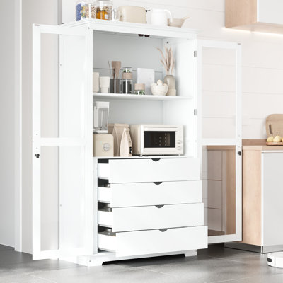 Garde-manger autoportant en bois de pin de 44,7 po x 20 po x 75 po, blanc, avec 4 tiroirs et portes en verre, pour objets de collection présentant un rangement blanc, tiroirs de 44,7 po x 20 po x 75 po, verrerie