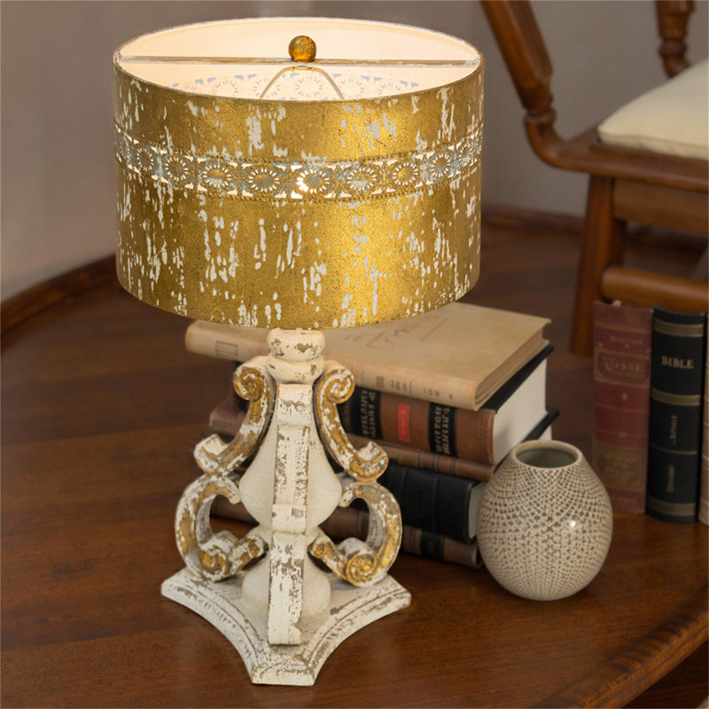 Rustic Vintage Table Lamp With Distressed Finish, 24.80" Tall, Gold And White Home Decor Light