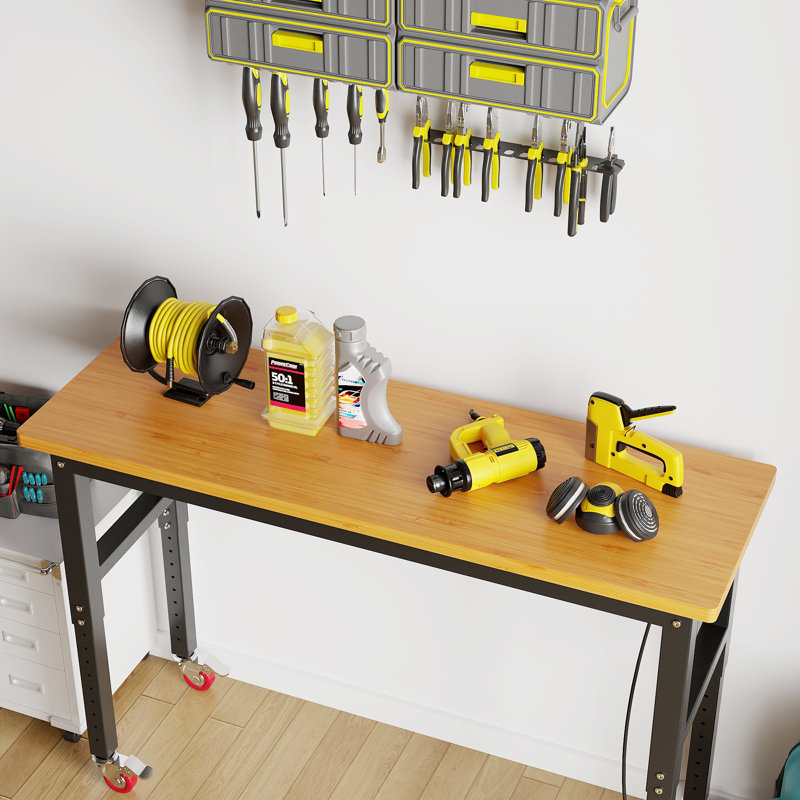 Établi 60 po à hauteur réglable avec prises de courant, table de travail en bois massif robuste