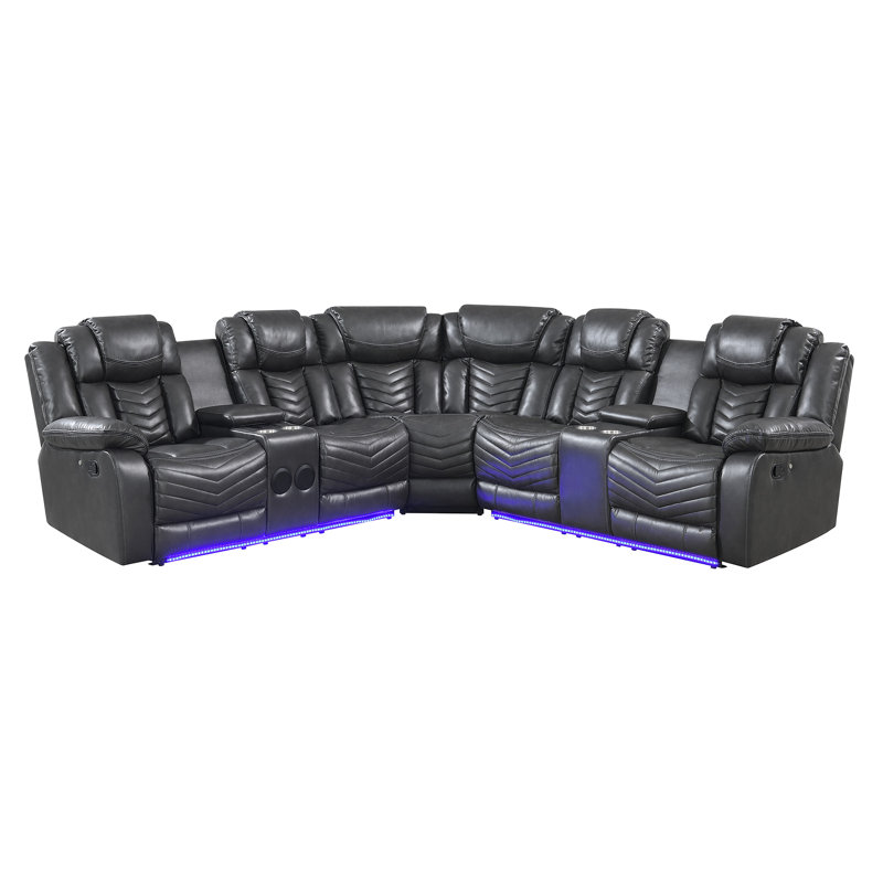 Aprea Wide Air Leather Reclining Sectional with LED and Bluetooth, Gray, 100"W X100"D X 41.5"H