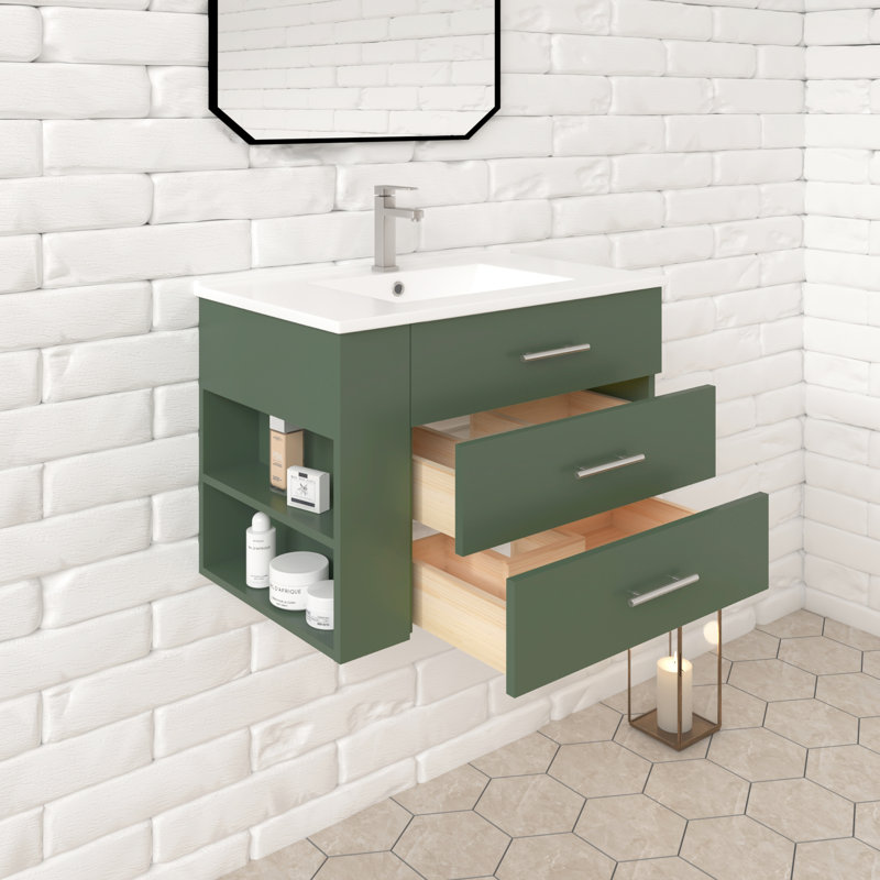 Ensemble de meuble-lavabo mural simple 30 po avec comptoir en céramique blanc vert forêt et tablette gauche Aurilla, Vert
