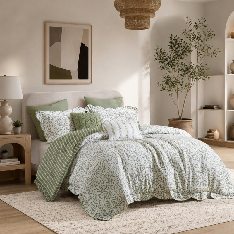 Ensemble de couette imprimée 5 pièces pour lit queen : couette 90 x 90 pouces, taies d’oreiller 20 x 26 pouces, Sage Green
