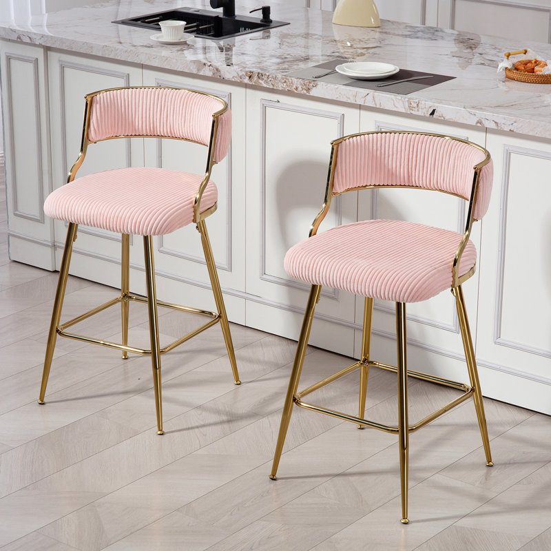 (Set Of 2) 26'' Counter Height Bar Stools Corduroy Kitchen Island Counter Bar Stool With Back,Golden Chromed Base And Footrest (Pink)