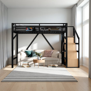 Lit mezzanine avec escalier de rangement, tablettes et garde-robe intégrée, cadre de lit mezzanine en métal avec ports USB et lumières DEL, conception à bruit réduit
