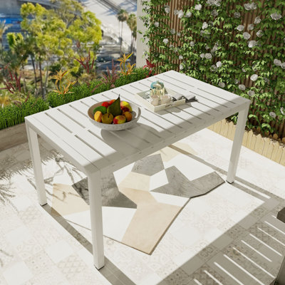 55 Inch White Modern Long Table - Indoor/Outdoor Multi-Purpose Dining Table, Patio Table, Garden Table - Lightweight PP Tabletop With Metal Legs For Kitchen, Courtyard, Terrace Gatherings