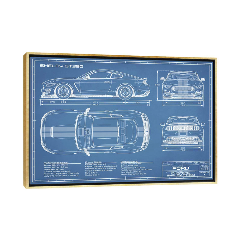 GT350 Shelby (2015-2019) Blueprint-impression de dessin, H 18 po x l 26 po x P 1,5 po, Toile encadrée d'or, Pas de tapis