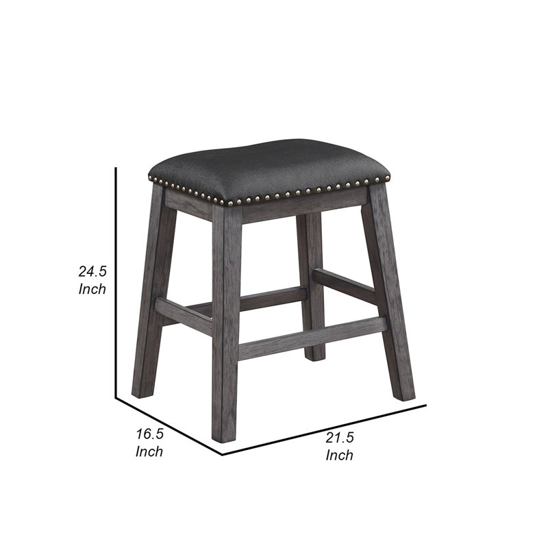 Ensemble de 2 tabourets en bois et en cuir avec garniture cloutée, noir et gris