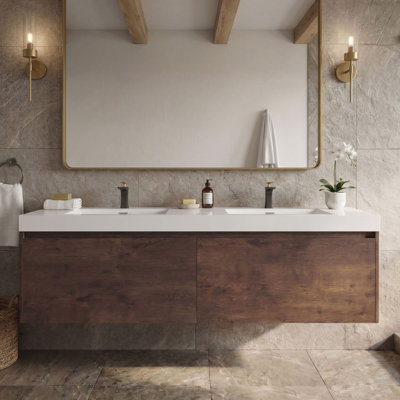 Wall Mounted Single Double Vanity Bathroom Vanity With Solid Surface Top
