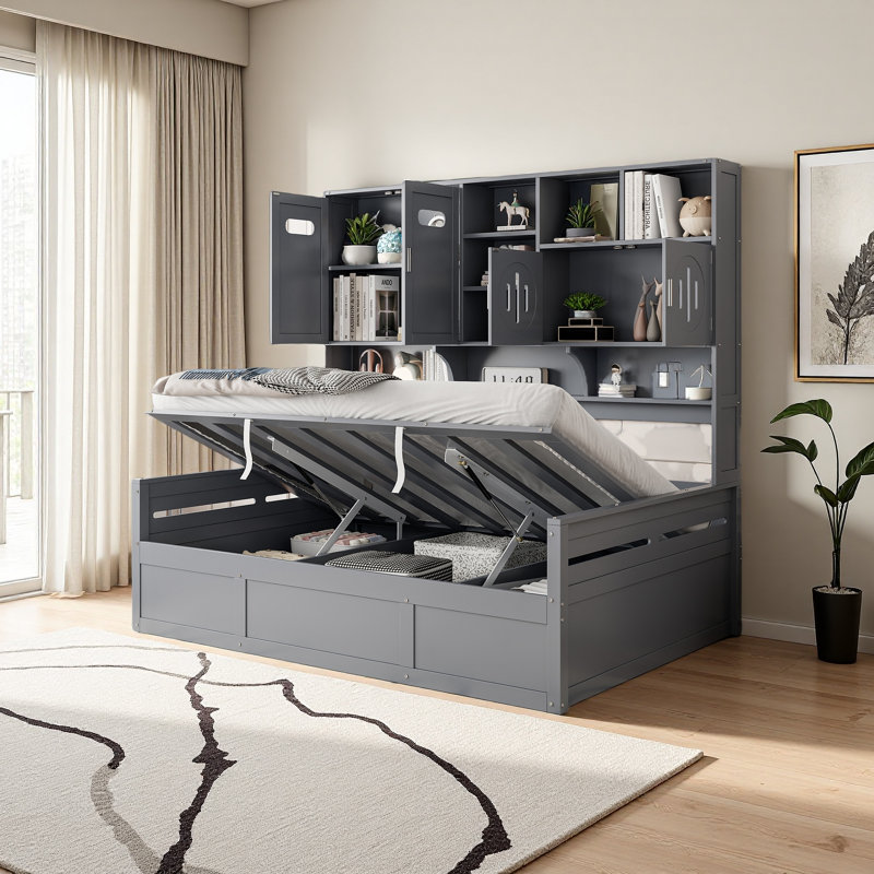 Lit de jour en bois avec lit hydraulique et armoire et tablette tout-en-un, Gris, Lit double