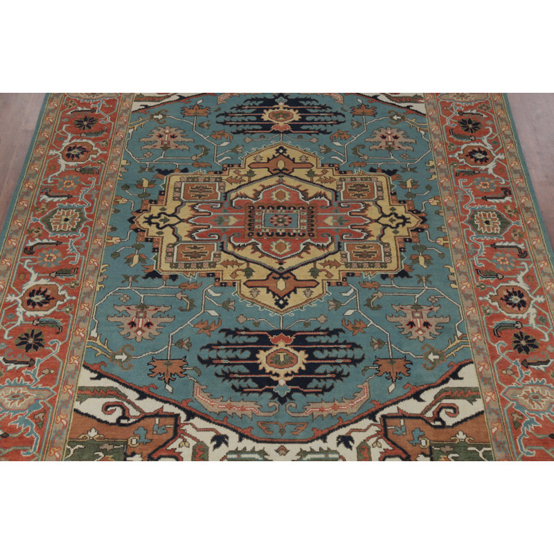 Grand tapis indien traditionnel médaillon bleu 10 x 14