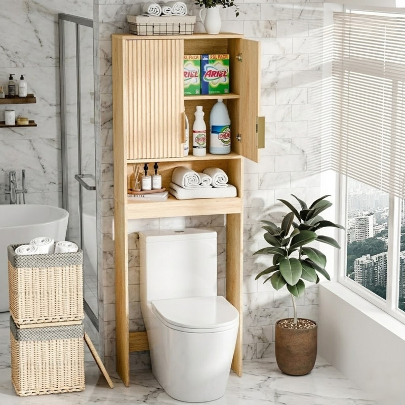 Toilet Cabinet Oak Grille Double Door 3 Tier Toilet Cabinet