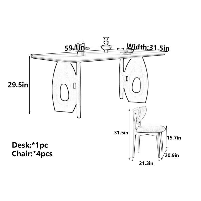 Table rectangulaire en pierre frittée French French, H 29,5 po x L 59,1 po x l 31,5 po, 5 pièces: table, 4 chaises