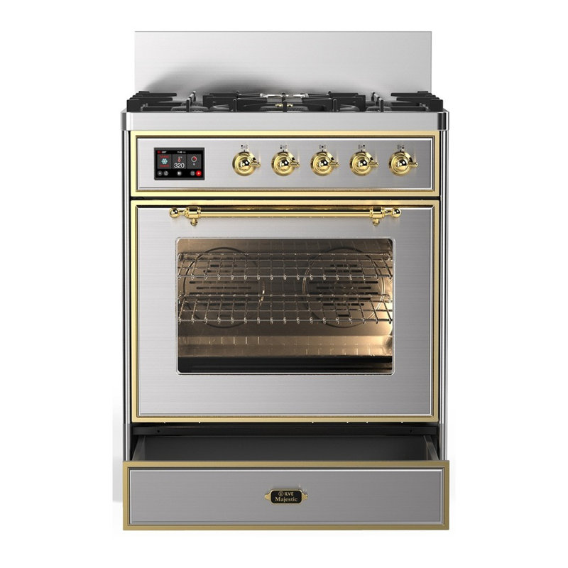 Majestic III Series 30 Inch Dual Fuel Range with 5 Sealed Burners in Stainless Steel (Natural Gas, Brass Trim), Brass