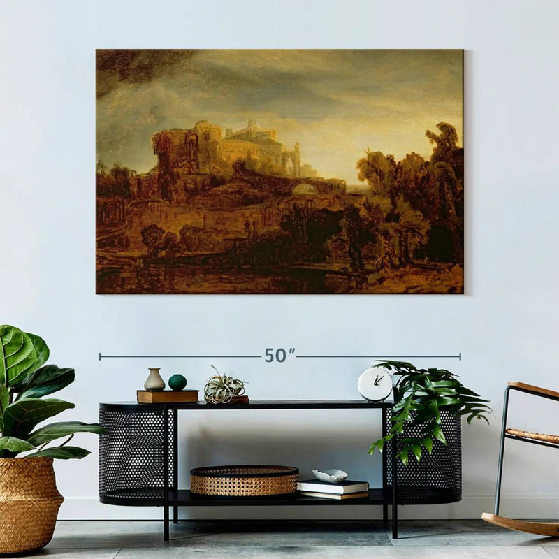 Lilie paysage avec un château, H 34 po x l 51 po