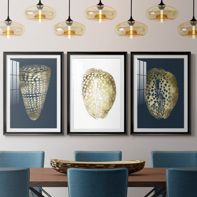 Gold Foil Shell I on Cobalt  -Custom Framed  Premium Print W Matt - 3 Pieces