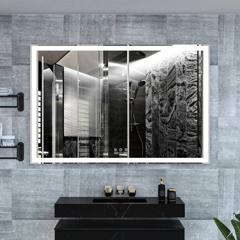 Miroir mural de salle de bain 60 po x 40 po avec cadre en aluminium à DEL durable, imperméable et durable, 3 réglages de couleur, système de commande tactile à fonctionnalité intelligente