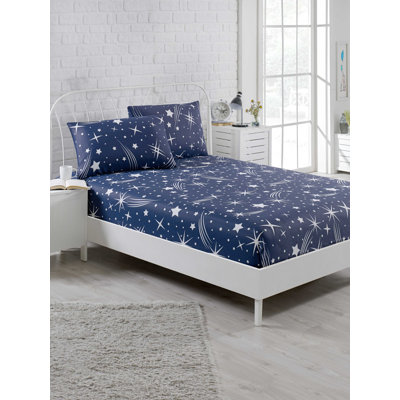 Dark Blue Double Sheet Set (3 Pieces), 100% Cotton/Polyester Blend, Fitted Sheet 63 x 79, Pillowcases 20 x 27 | 120 Thread Count, Machine Washable, Envelope Closure for Pillowcases, Button Closure for Duvet